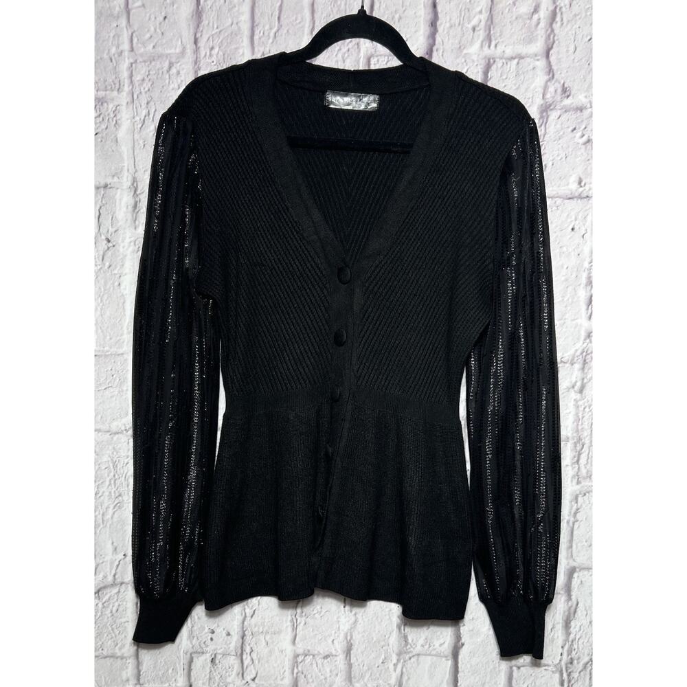 Sweet Halo Women’s Sweater Top With Sheer Sleeves Button Up V Neck Black Size S